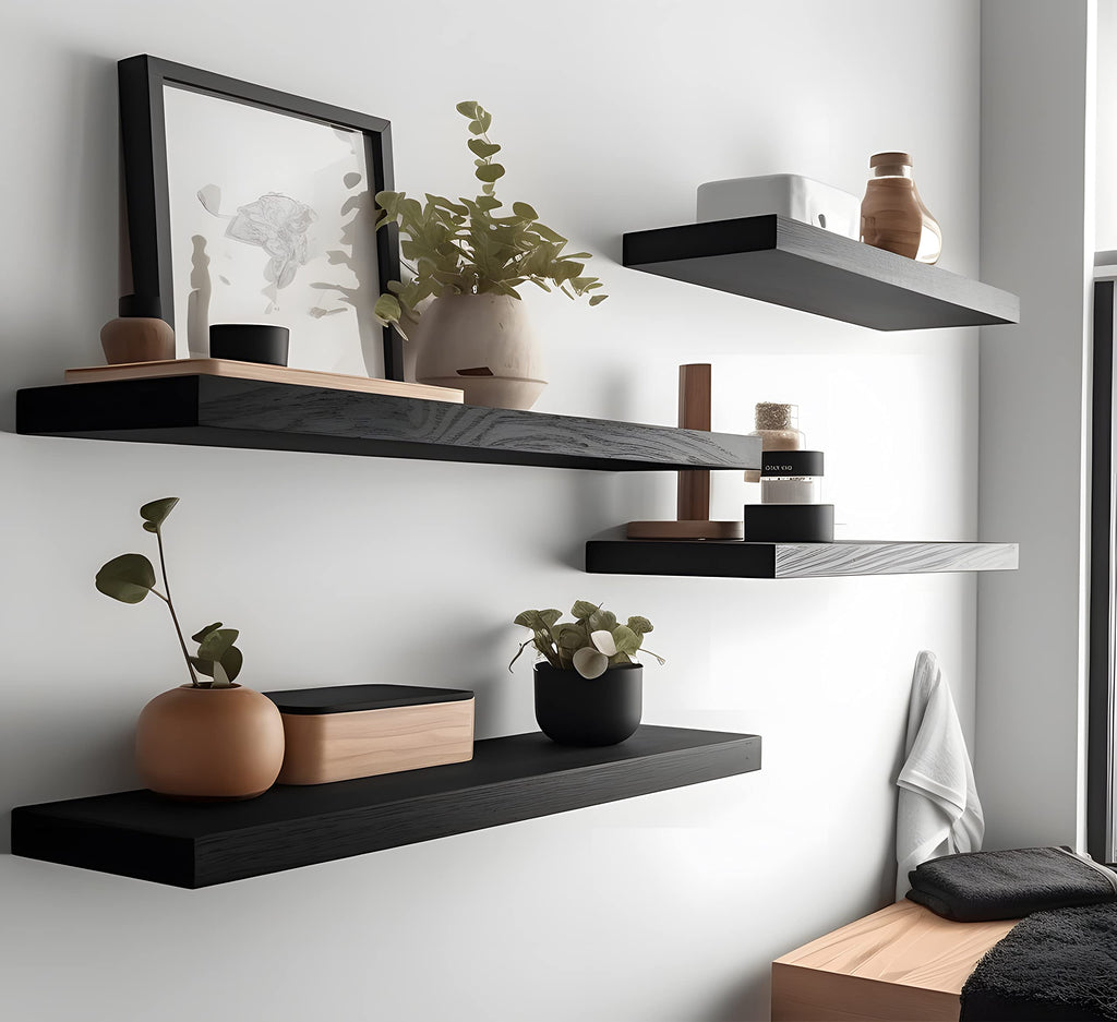 24 Inch Black Wood Floating Shelves for Wall Rustic Wall Shelf Living Room Set of 4