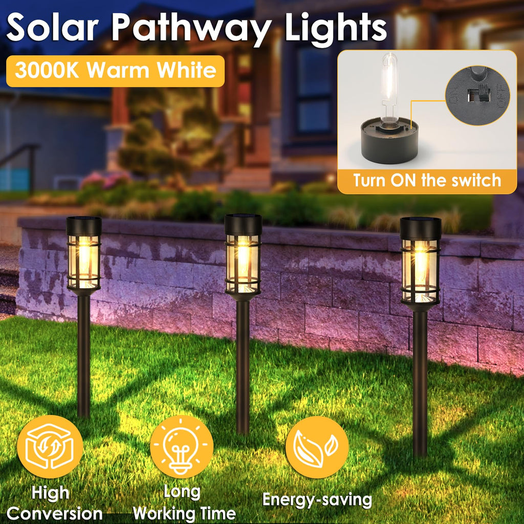 Solar Pathway Lights, 8 Pack LED Solar Lights Outdoor Waterproof, Glass Metal Garden Lighting for Yard Path Landscape