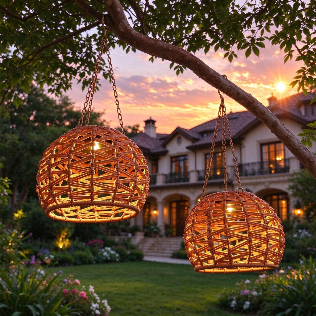 Solar Hanging Lanterns Outdoor Waterproof, 2 Pack Solar Chandelier Outdoor with 7.75in Boho Rattan Lantern, Hanging