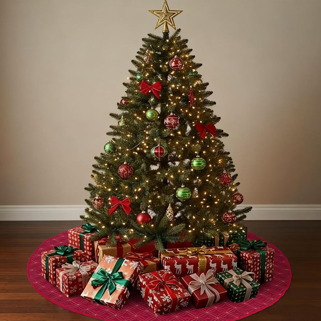 60 Inches Burgundy Quilted Christmas Tree Skirt Classic Reversible Xmas Tree Skirt with Metallic Gold Threading for