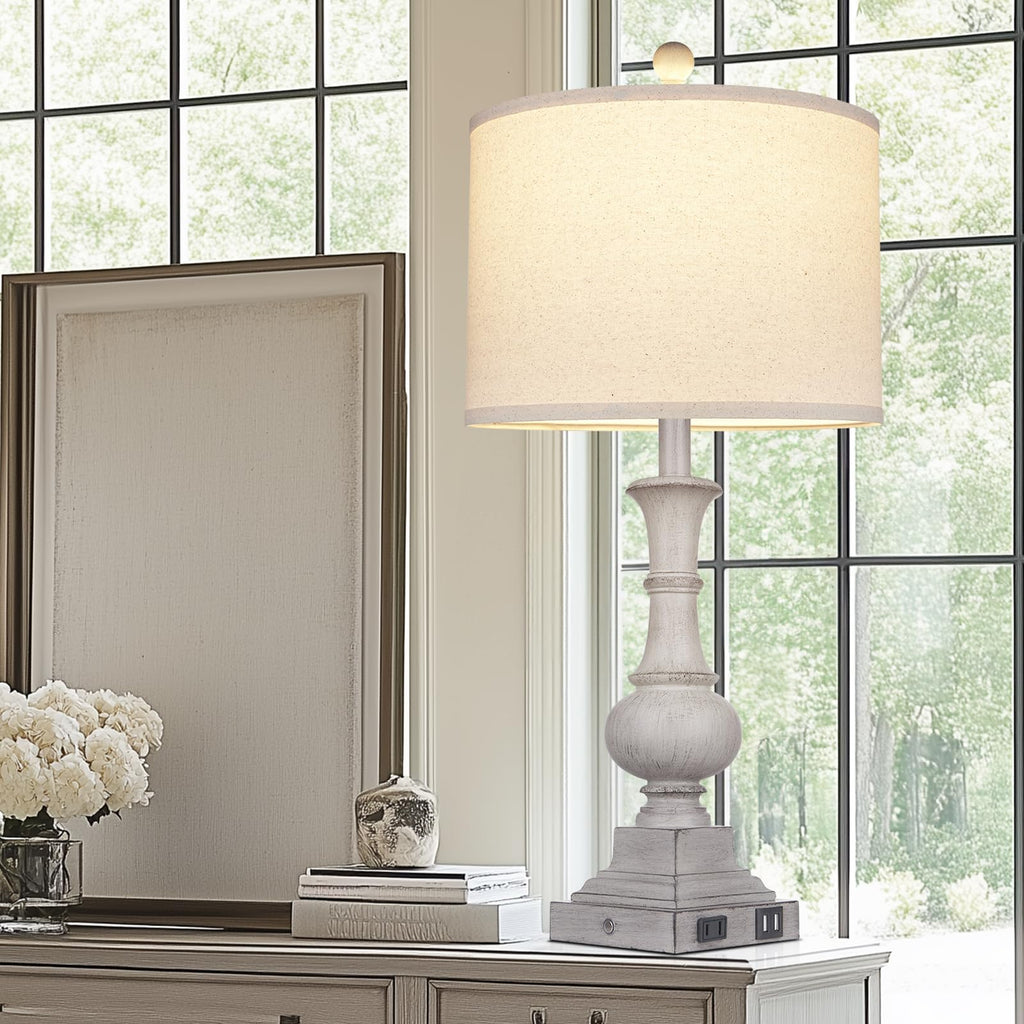 26" Farmhouse Lamp with 2 USB Ports & AC Outlet, Vintage Rustic Touch Control Bedside Lamp, Resin 3-Way Dimmable