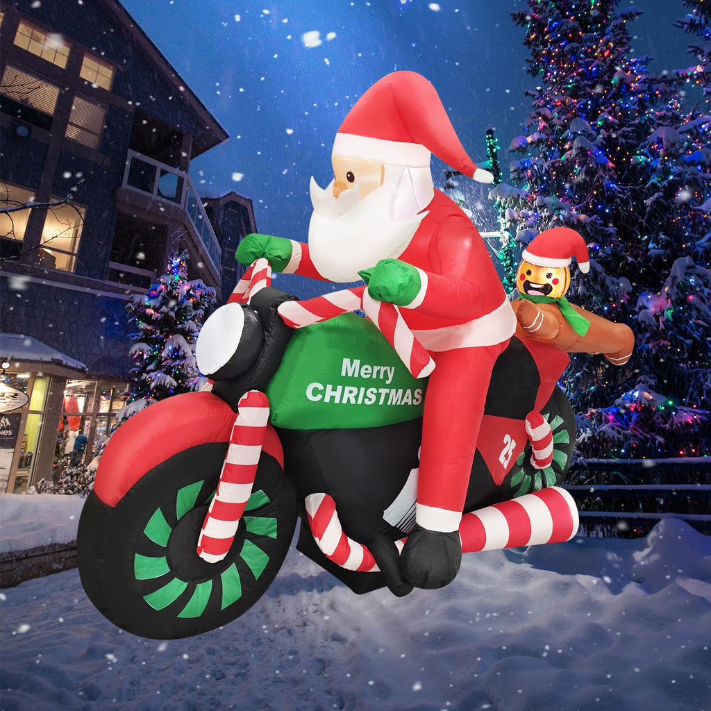 6FT Christmas Inflatable Santa Riding Motorcycle with Gingerbread Man Lighted Blow Up Outdoor Decoration for Holiday