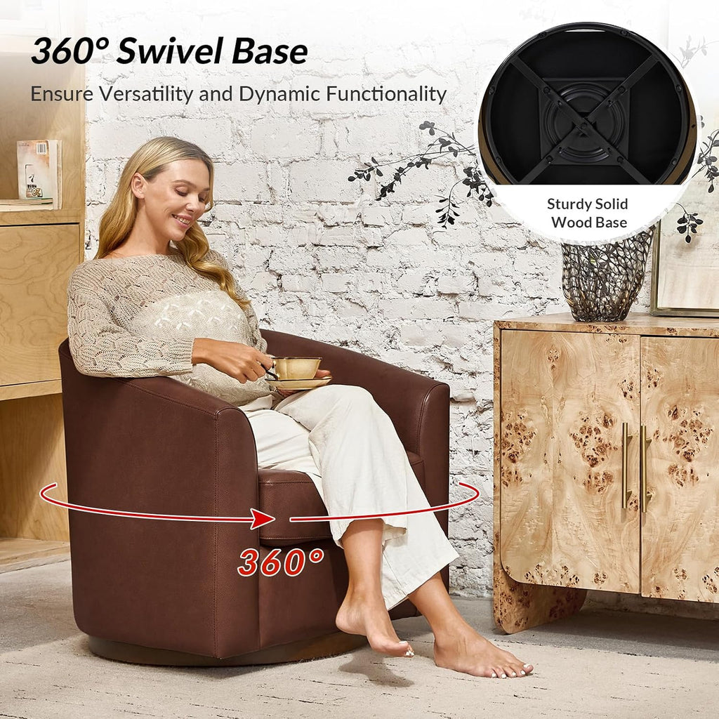 Genuine Leather Swivel Barrel Chair with Solid Wood Base, Brown
