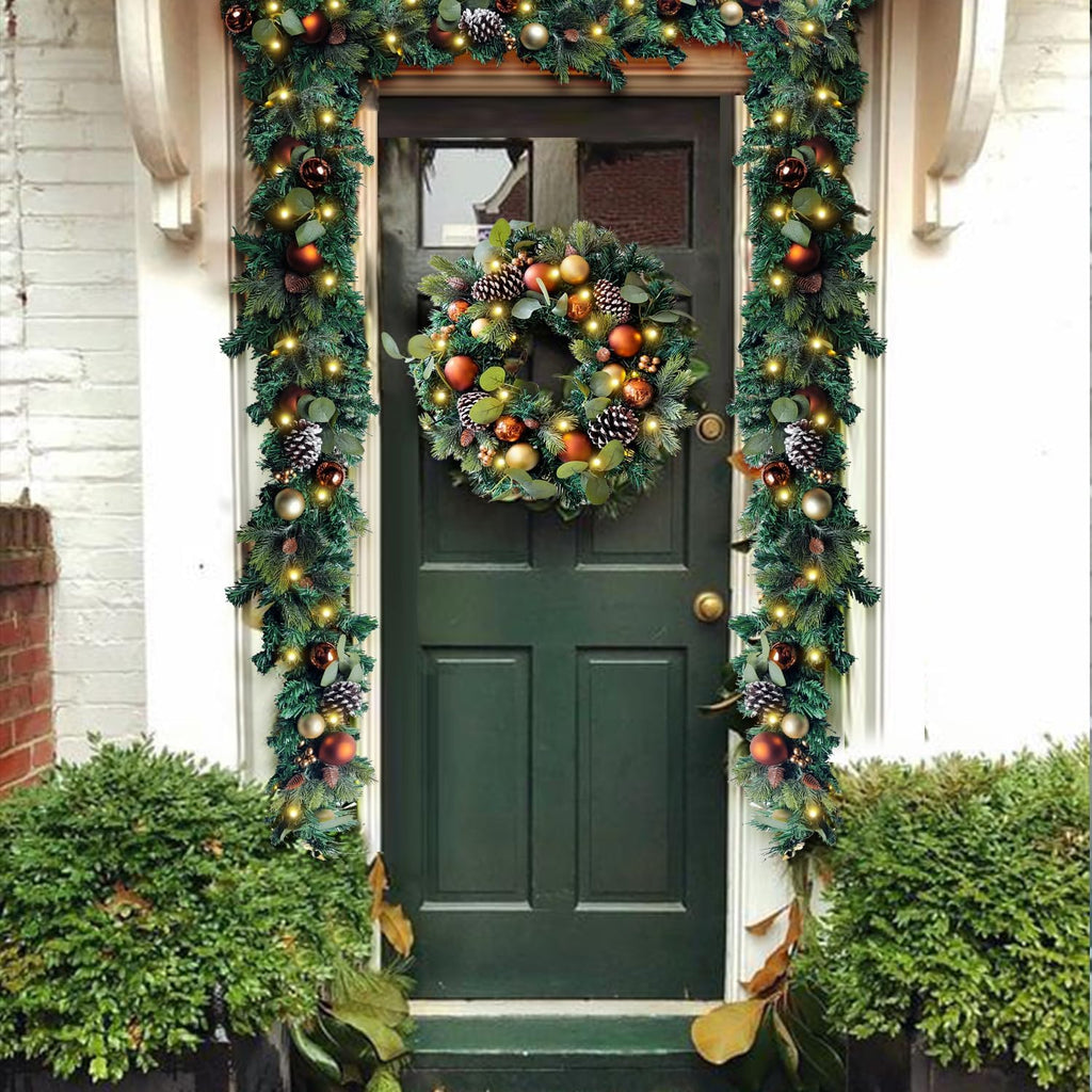 Pre-Lit 20 Inch Copper Gold Christmas Wreath for Front Door