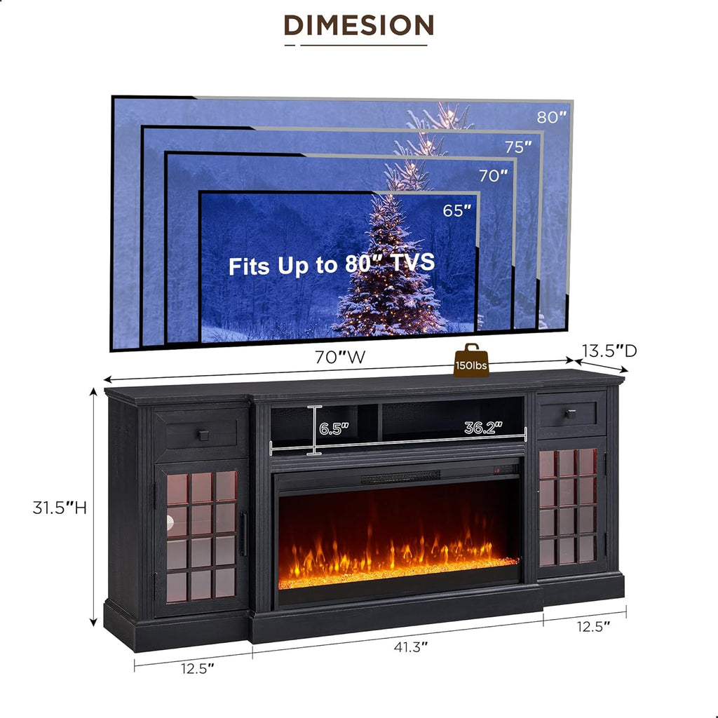 80 Inch Farmhouse Fireplace TV Stand for TVs, Entertainment Center with 36 Inch Electric Fireplace, LED Lights, Storage Drawers and Cabinets, Black