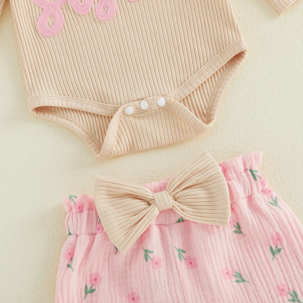 Infant Baby Girl Fall Clothes Ribbed Long Sleeve Letter Romper + Floral Pants + Headband Newborn 3 6 12 Outfit