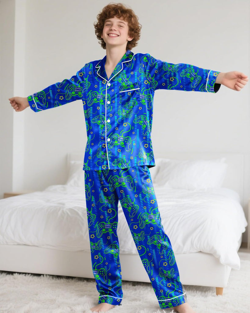 Boys Pajamas Silky Satin Big Boys PJs Set 2 Piece Sleepwear Button Down Kids Jammies Loungewear Clothes