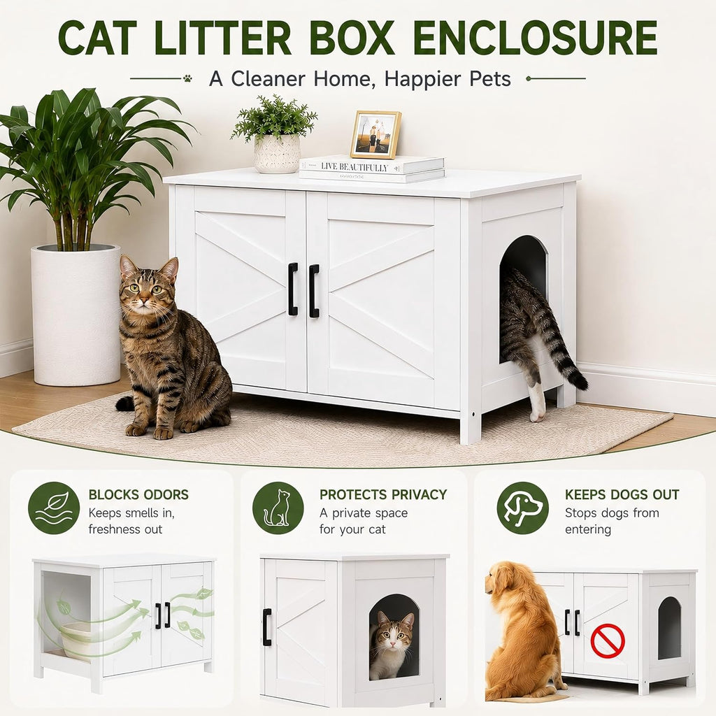 31.5" L Cat Litter Box Enclosure with Barn Door, White