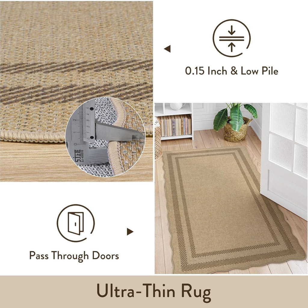 Scalloped Washable 8x10 Rug, Easy Jute Tan Rug , Indoor Outdoor Patio Non Slip Rugs , Geometric Farmhouse Dining Room