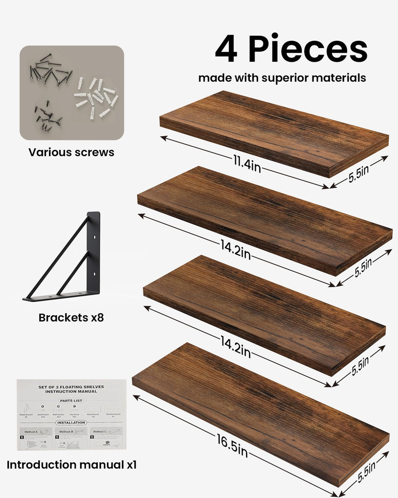Wall Mounted Floating Shelves (Rustic Brown, Set of 4, 16" Mixed)