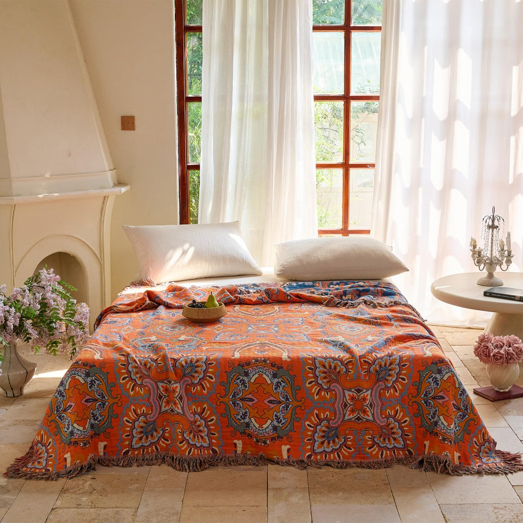 Boho Twin Throw Blanket, 100% Cotton, 60x80 Inches, 1 Piece Soft Lightweight Breathable, Reversible Patterned Tassel