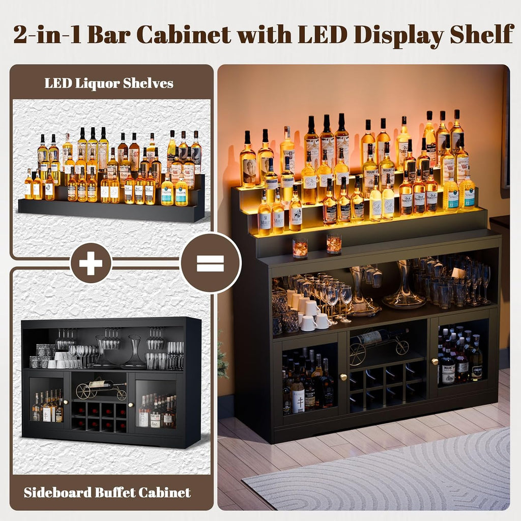 Wine Bar Cabinet with LED Lighted Liquor Bottle Display Shelf, Liquor Cabinet with Glass Holder, Coffee Bar for