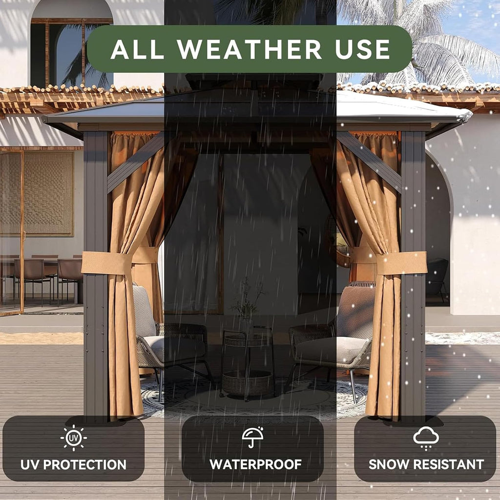10'x10' Hardtop Gazebo, Outdoor Polycarbonate Top Canopy, Aluminum Frame Gazebo with Netting and Curtains