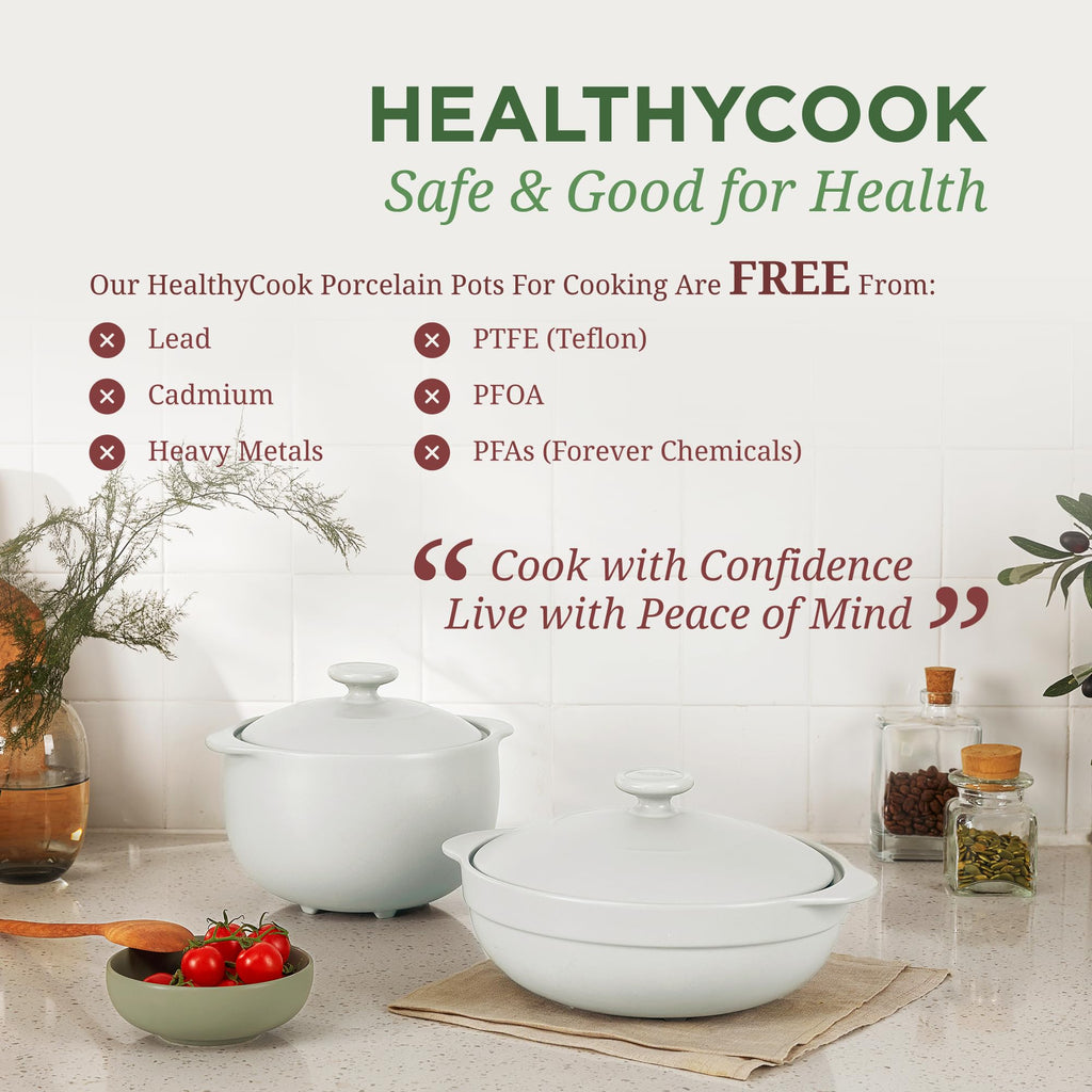 1-Qt Porcelain Dutch Oven with Lid - Lead & Cadmium Free, Oven Safe to 482°F, Heat Retention, Clay Pot for Cooking on
