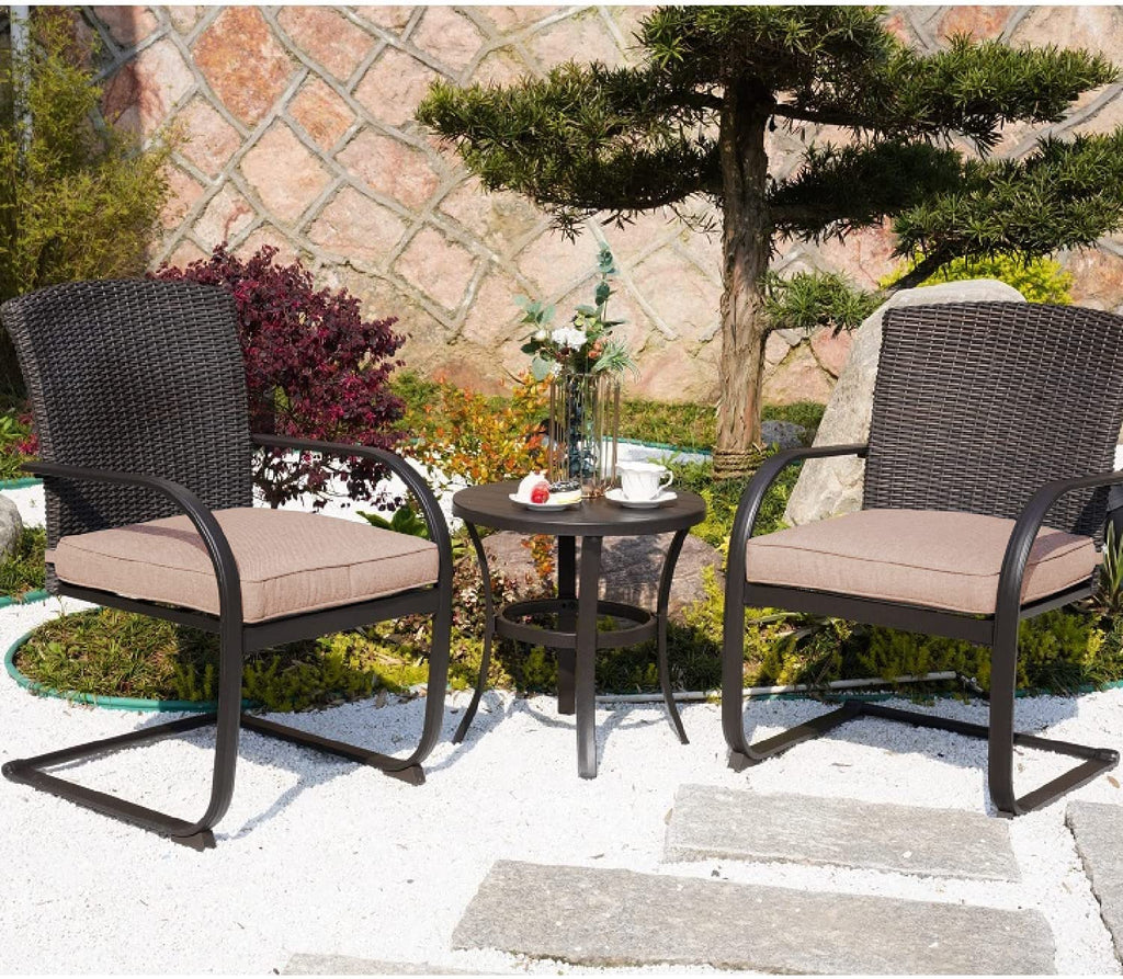 3 Pieces Bistro Set, Outdoor Wicker Table Set, Rocking Wicker Chairs with Removable Cushions and Small Coffee Table
