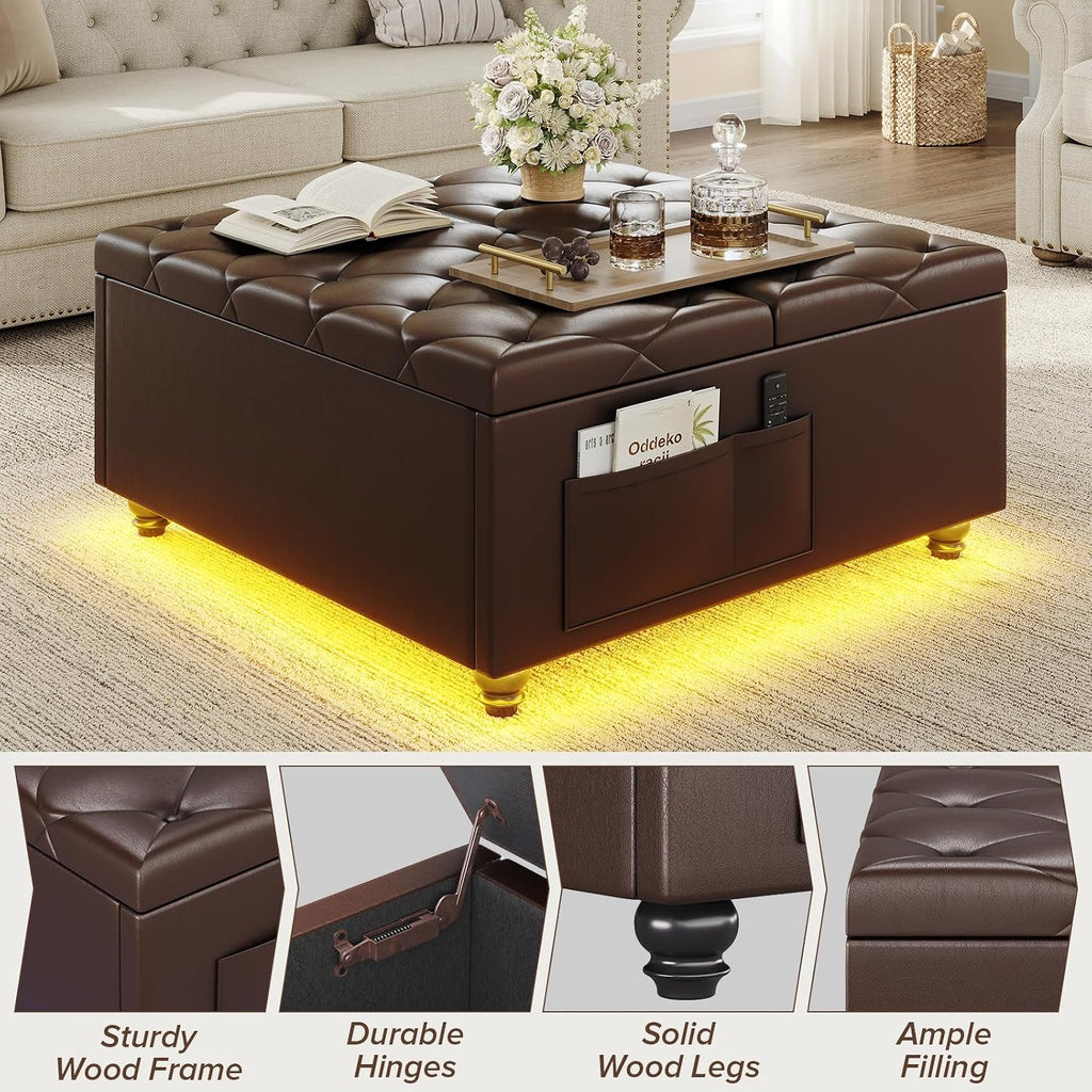 31.5 Inch Large Leather Ottoman with Storage and LED Lights, PU Brown | Lift Top Tufted Upholstered Ottoman Coffee