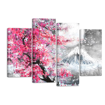 4 Pieces Flower Canvas Wall Art Peak Of Mount Fuji With Pink Cherry Sakura Blossom In Spring Under Full Moon Picture