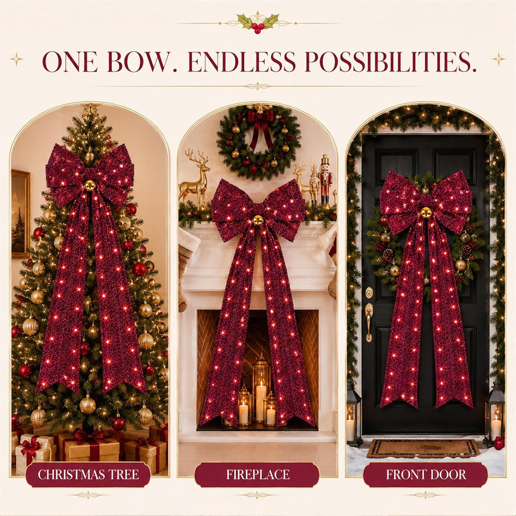 Extra Large Burgundy Velvet Bow Christmas Tree Topper with LED 1.97ft