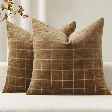 Toffee Plaid Decorative Fall Throw Pillow Covers 20x20 Set of 2