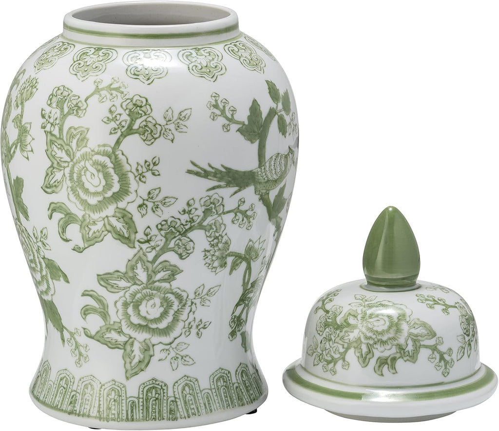 Temple Decorative Jar with Lid - Chinoiserie Ceramic Decorative Stoneware Decor - Modern Centerpiece - 14.25", Green