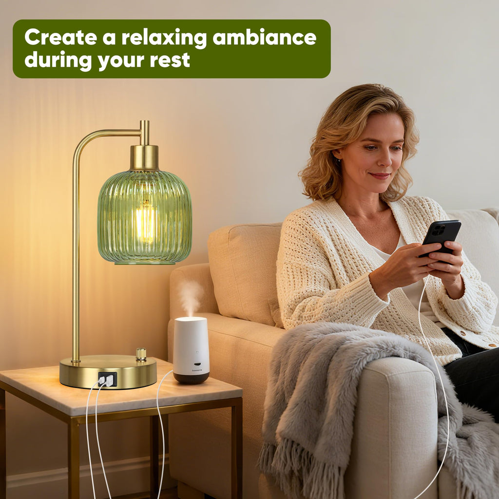 Green Glass Table Lamps Set of 2, Dimmable Bedside Lamps