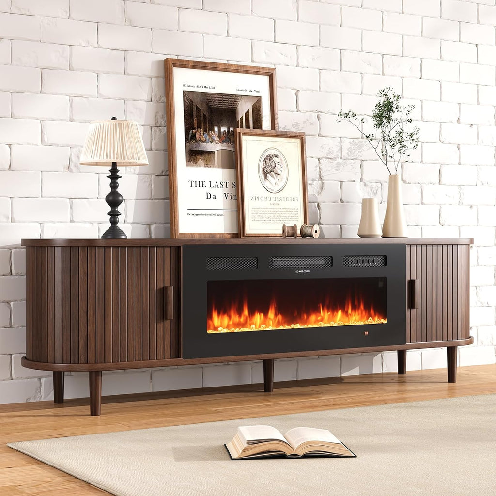 70" Mid Century Modern TV Stand with Fireplace, Fluted Fireplace TV Stand, Entertainment Center with Sliding Door, TV