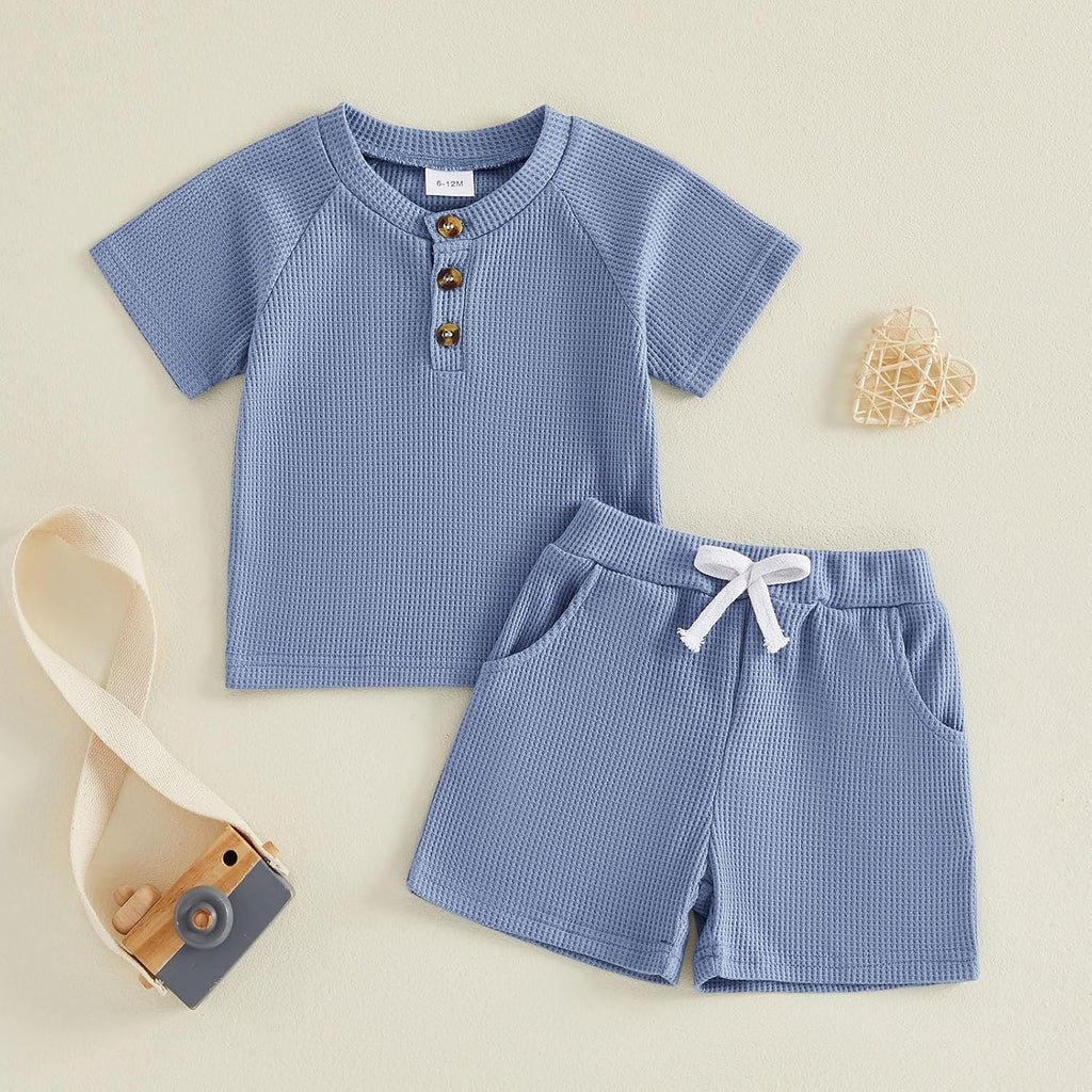Toddler Baby Boy Summer Clothes Button Waffle Short Sleeve T-Shirt Top Elastic Waist Shorts Set 2Pcs Infant Outfit