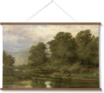 Large Landscape Canvas Wall Art , Vintage Forest Lake Painting Hanging Scroll, Rustic Nature Wall Decor with