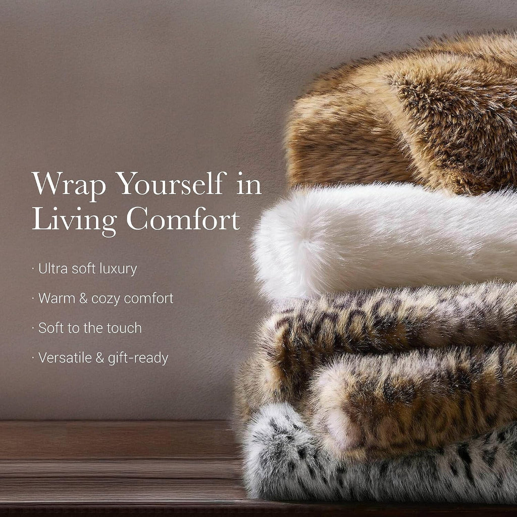 Faux Fur Throw Blanket - Ultra Soft & Sustainable, Reversible Velvet Back, 800GSM Plush, Gift-Ready Packaging - Snow