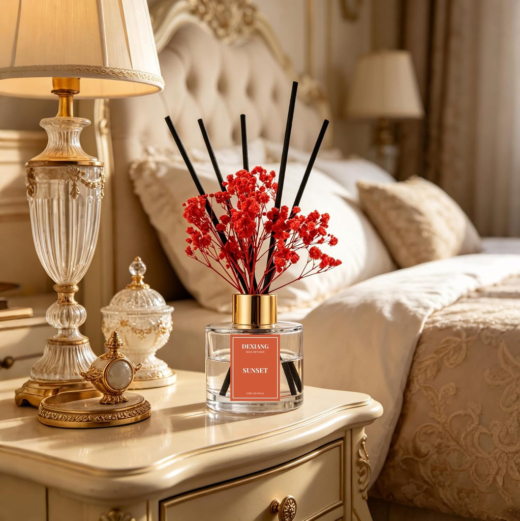 Reed Diffuser Set,3.38 fl oz (100 ml) - Sunset Oil Diffusers with 6 Reed Sticks Shelf Decor - Set of 338