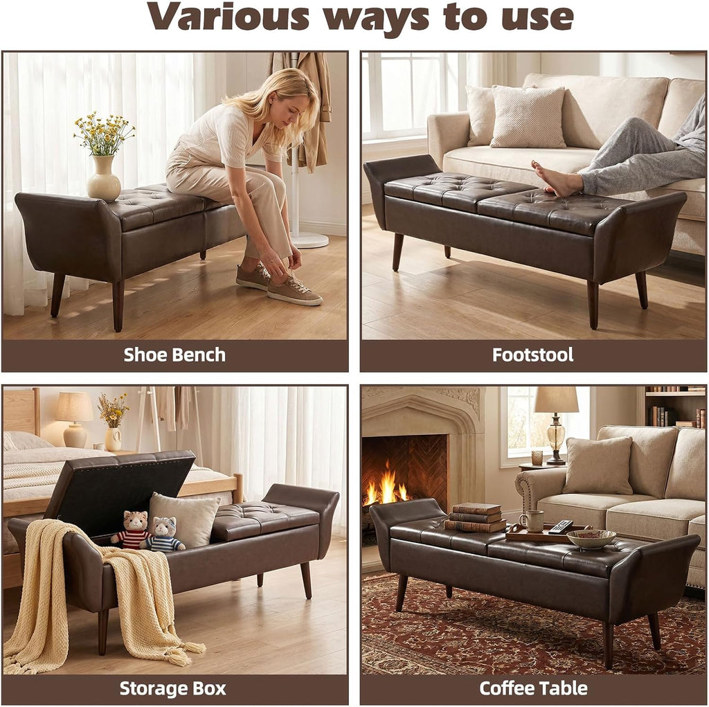 Storage Ottoman Bench 64''Length 65L Faux Leather End of King Bed Bench