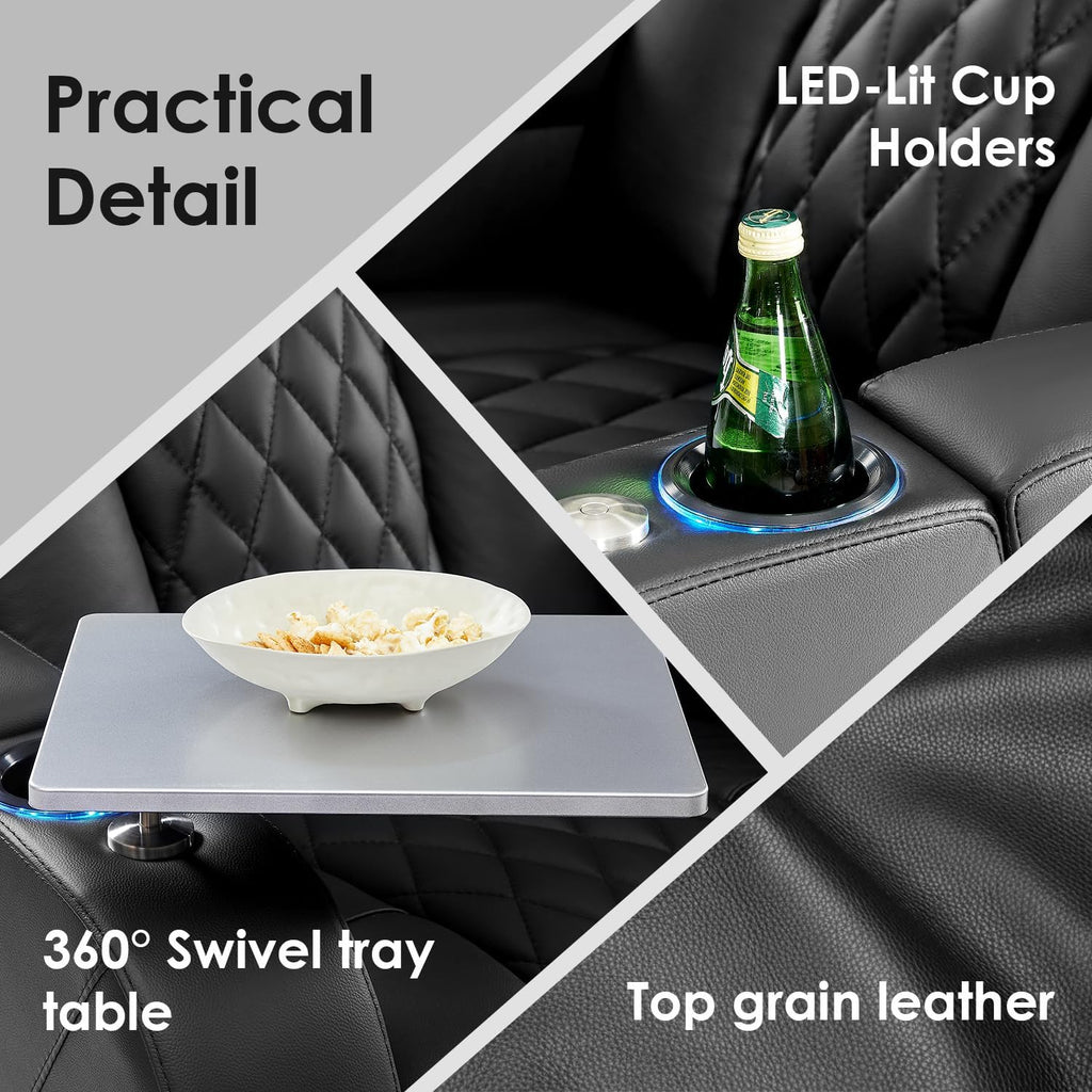 Home Theater Seating Genuine Leather Recliner Chair, Power Reclining & Headrest, USB A/C Charging Ports