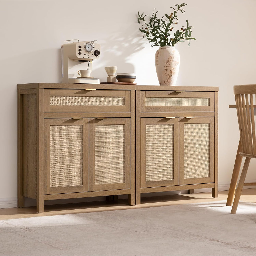 Buffet Cabinet Sideboard with Storage, Rattan Accent Cabinet | 2 Doors, a Drawer, Boho Credenzas Farmhouse Buffet