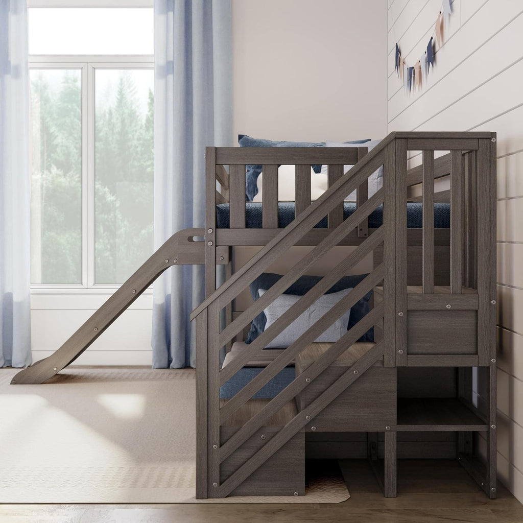 Solid Wood Twin over Twin Low Bunk Beds for Kids with Slide and Stairs, 400 lbs Weight Capacity, 14" Safety Guardrail