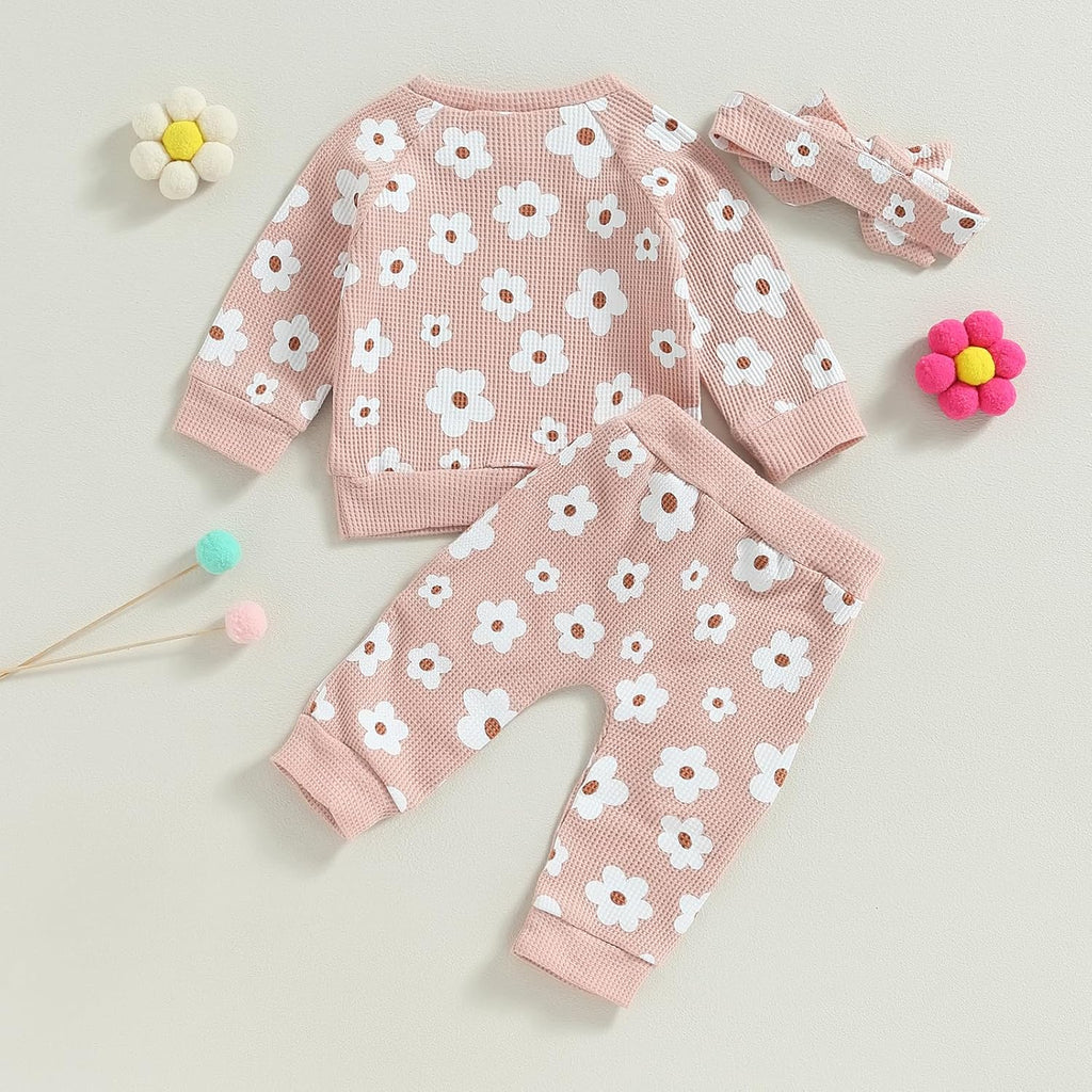 Fall Baby Girl Clothes Waffle Knit Floral Pullover Sweatshirt Long Sleeve Shirt Top Pants Cute Winter Outfit Set