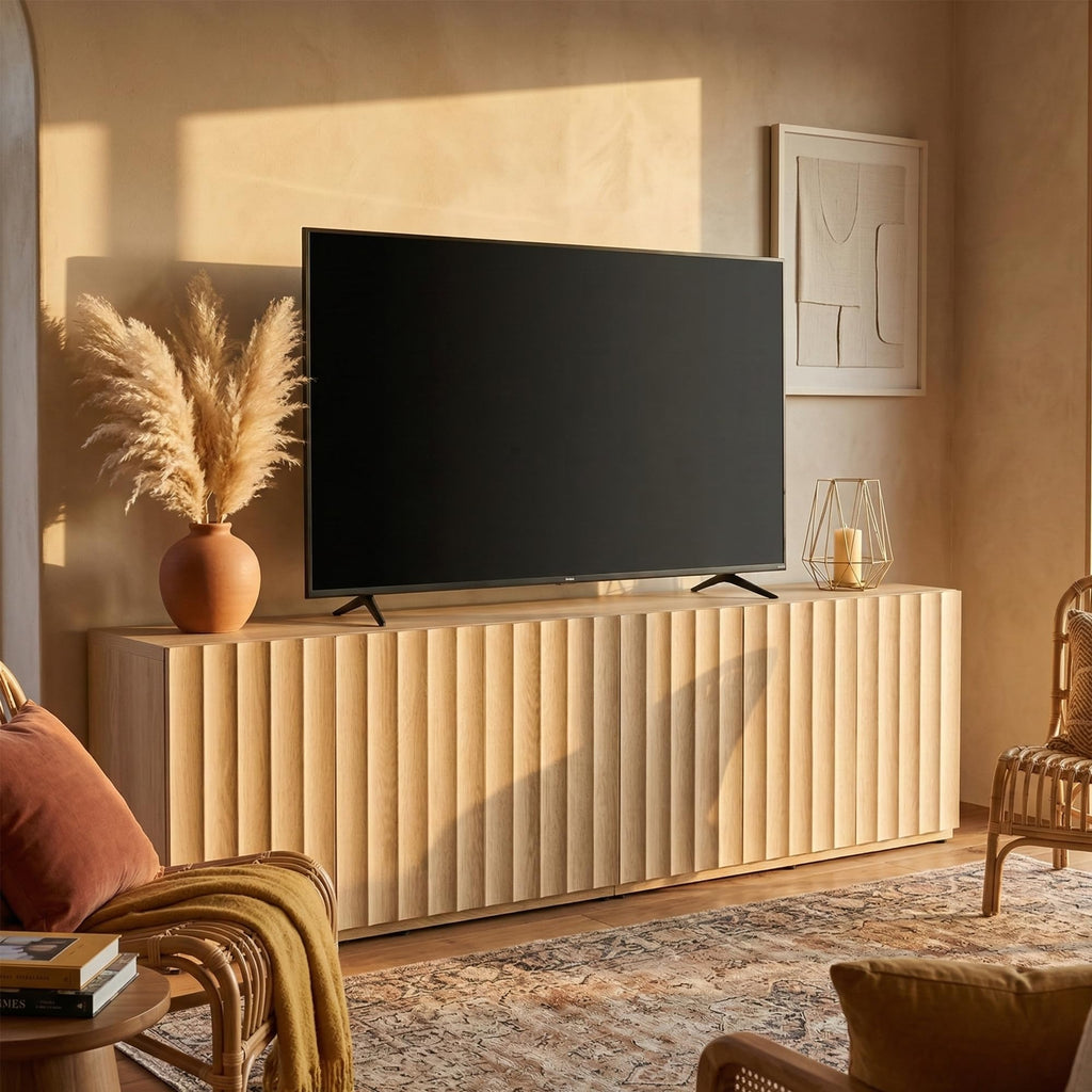 46.96" TV Stand, Fluted Mid-Century Modern 3 Doors, Light Oak