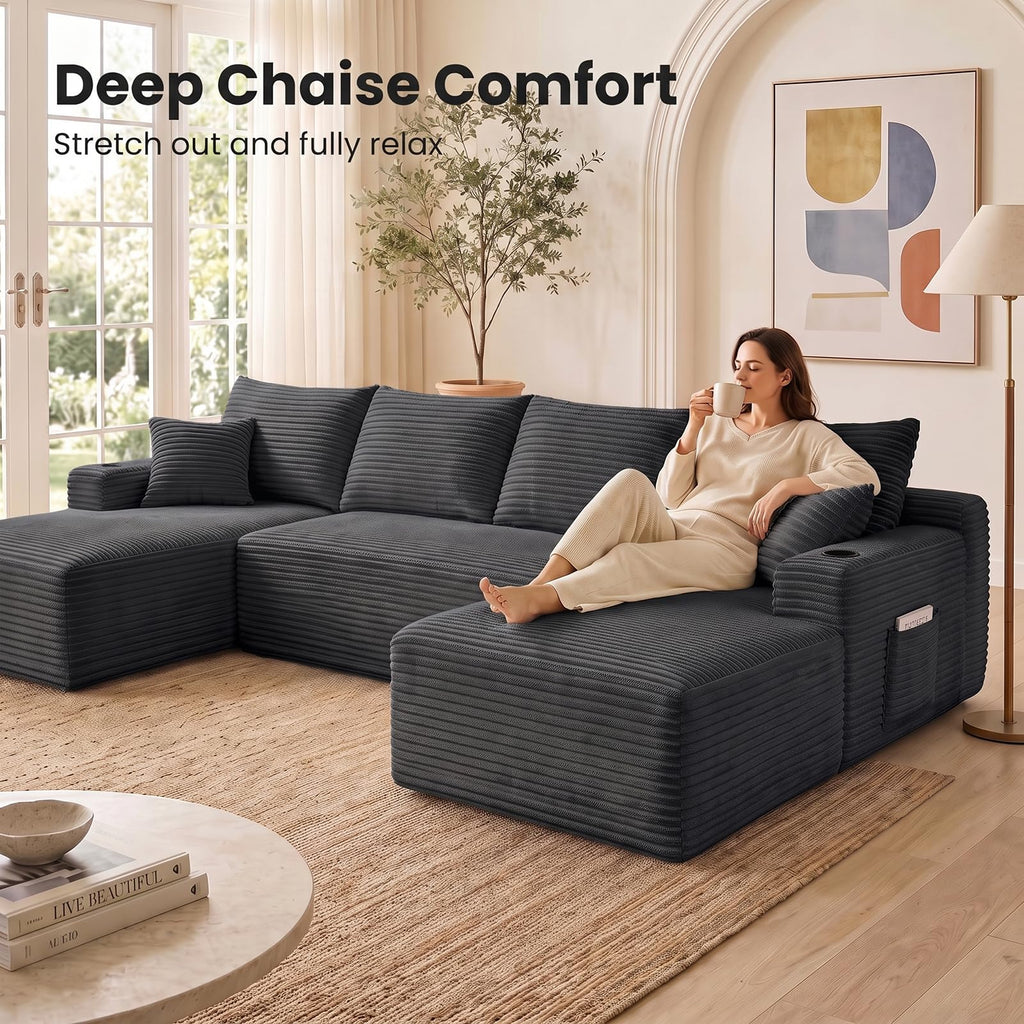 134" U Shaped Sectional Sofa with Double Chaise No Assembly Charcoal