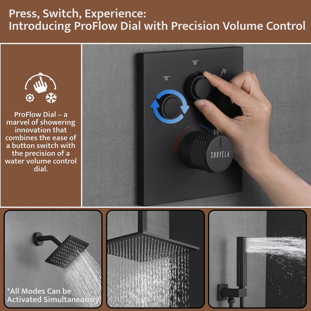 Thermostatic Shower System Matte Black, Push Button Diverter Shower Faucet with 2 in 1 Handheld, Ceiling Mount 12