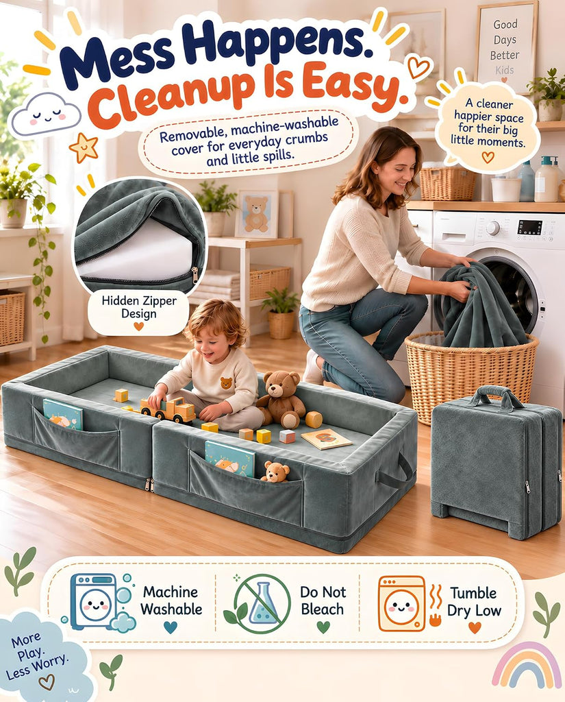 Toddler Portable Travel Bed - Foldable & Washable Floor Bed, Grey
