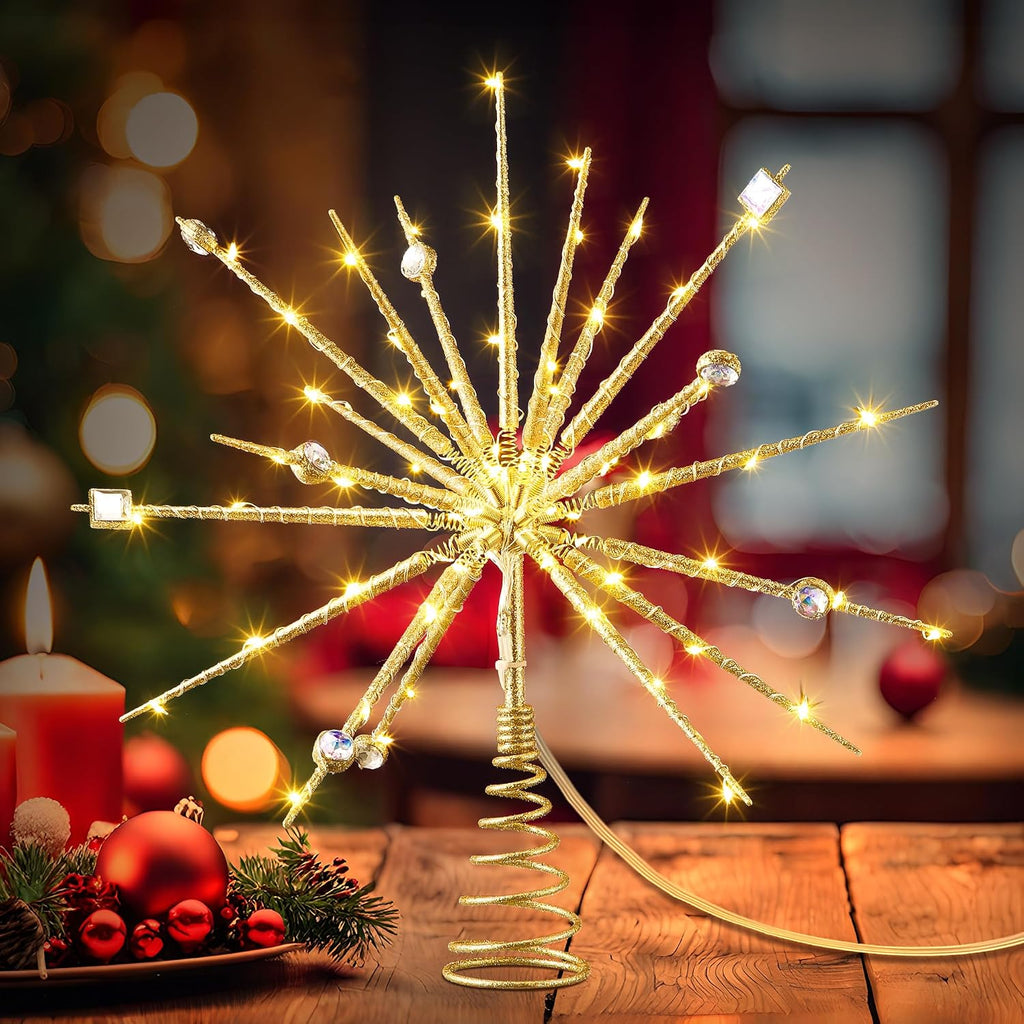 Starburst Christmas Tree Topper Lighted, Battery Operated, Gold