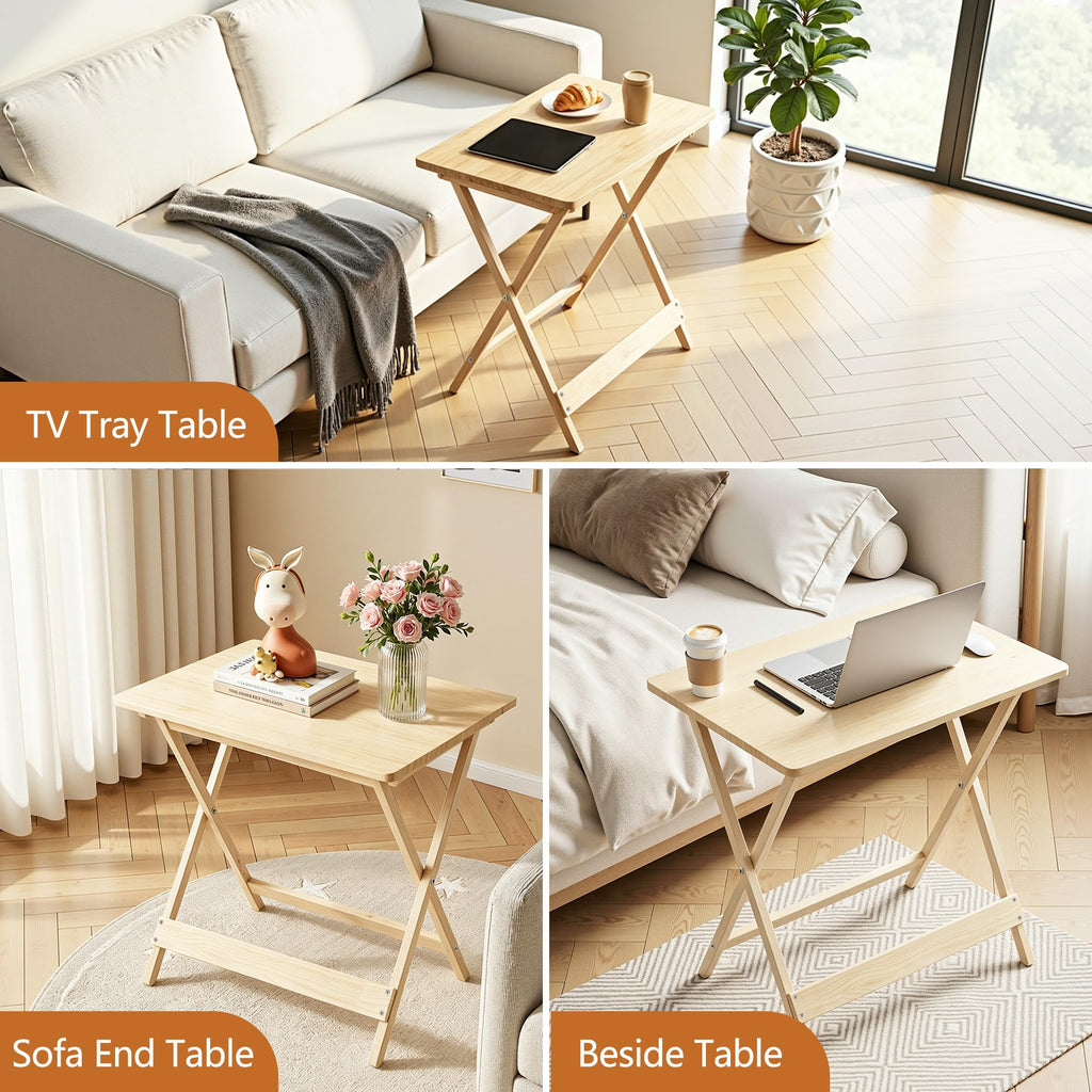 Folding Table Set of 2, Modern Wood Portable Snack TV Trays, Easy to Clean & Assemble, Natural