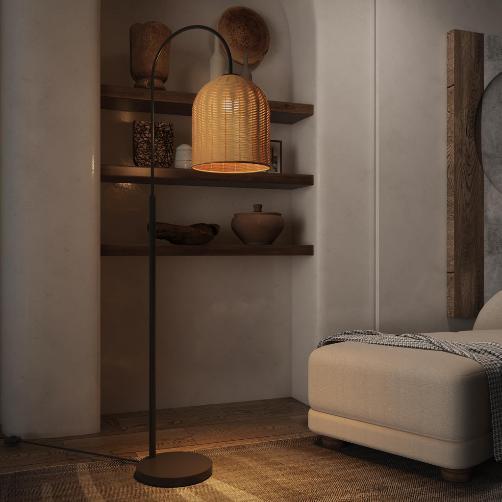 Rattan Floor Lamp, 66in. Boho Floor Lamp with Natural Brown Rattan Shade, Rustic Arc Standing Lamp for Coastal, Beach