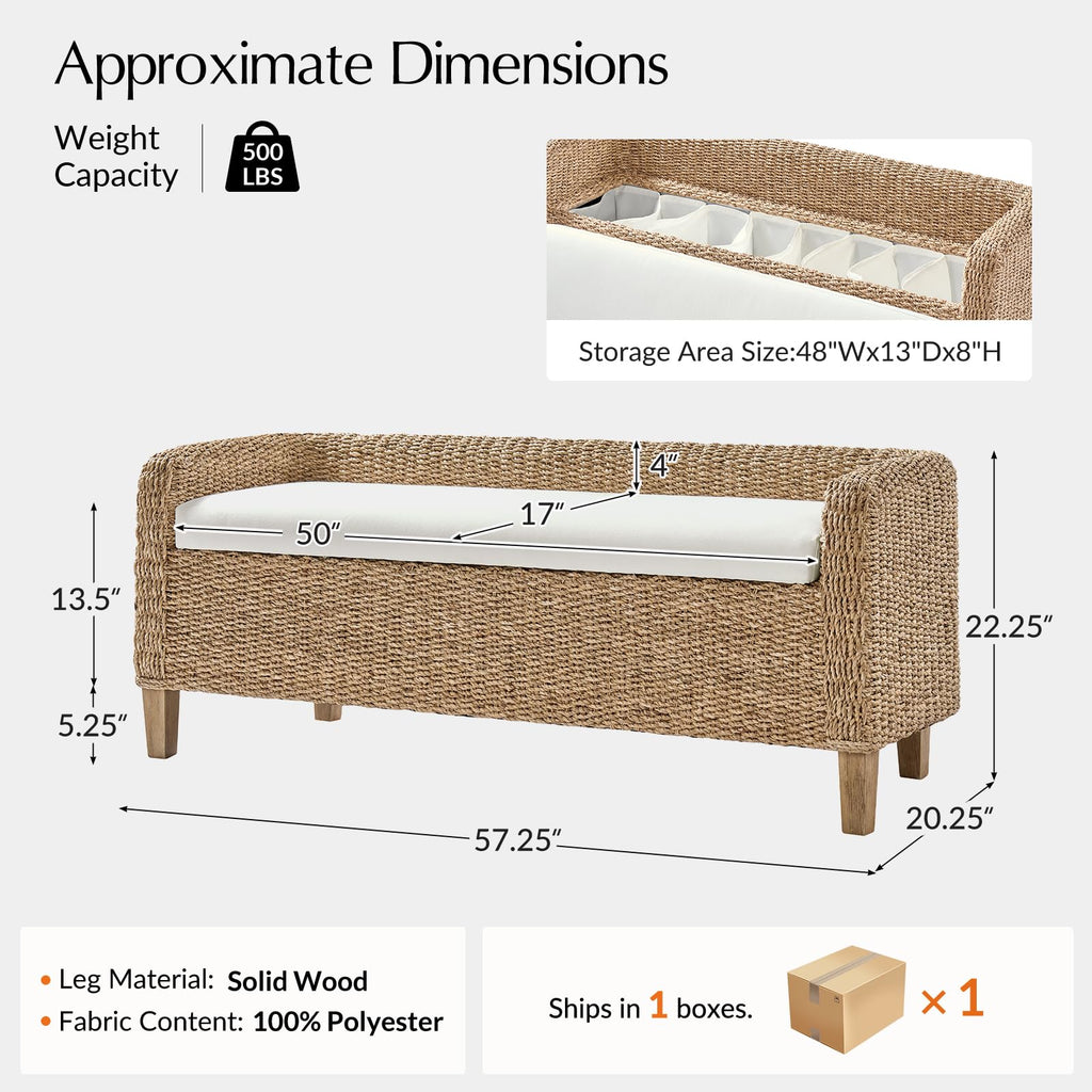 57" Rattan Storage Bench, Boho Wicker Bedroom Bench, Natural