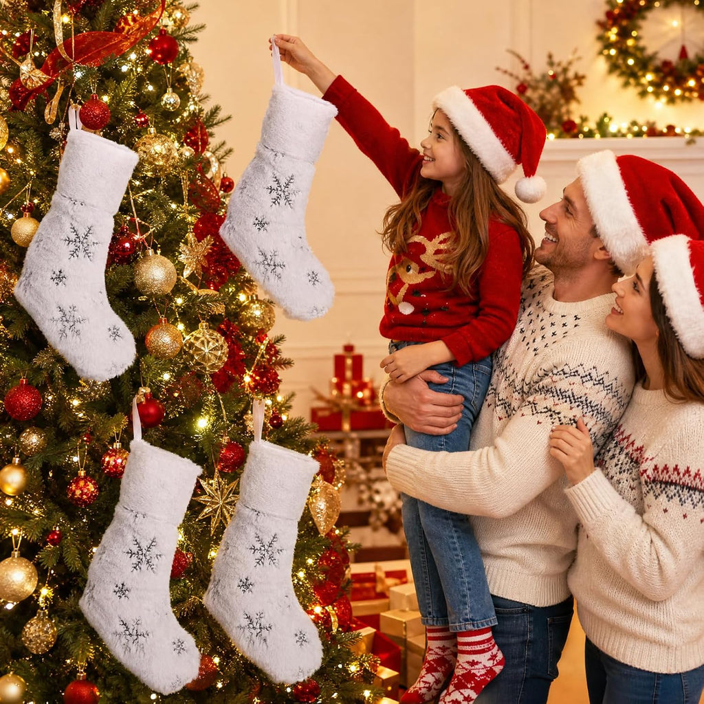 4 Pack Christmas Stockings, 18.5 Inch Large Faux Fur Xmas Stocking, Festive Gift Decor with Silver Sequin Snowflakes