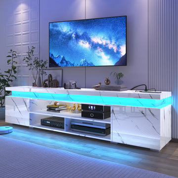 LED TV Stand for 95 Inch TV, Modern TV Stand with Power Outlet, High Gloss TV Console Entertainment Center with