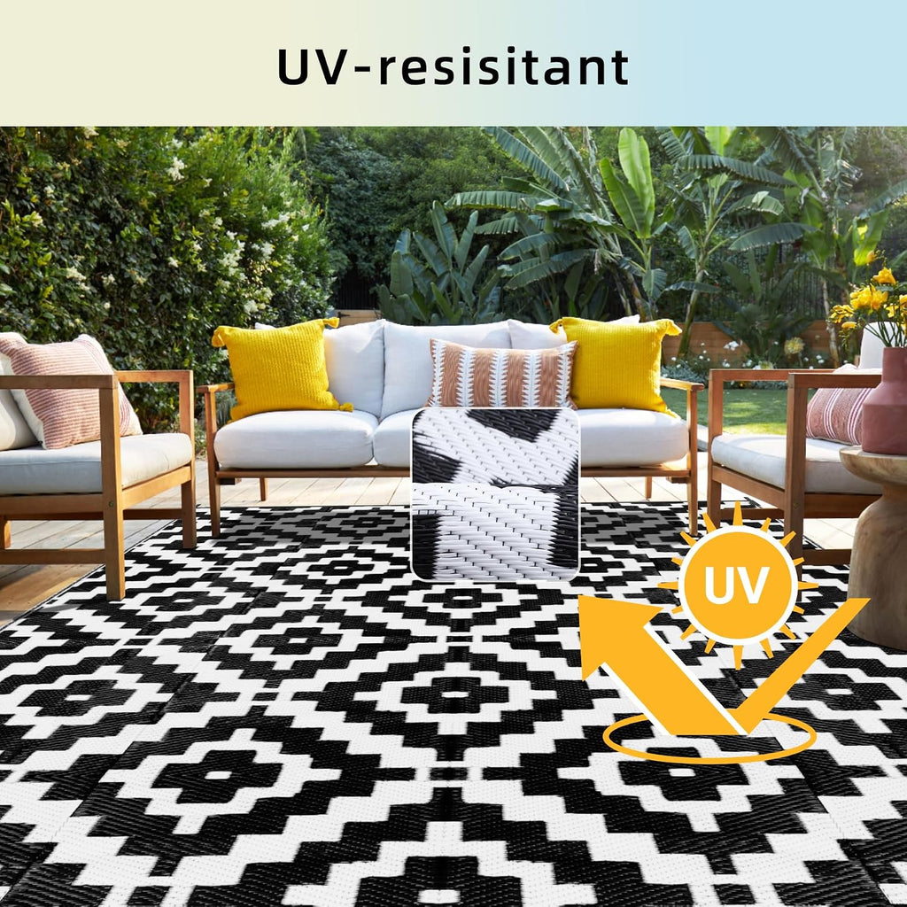 Outdoor Rug Black & White Waterproof Reversible Carpet Mat