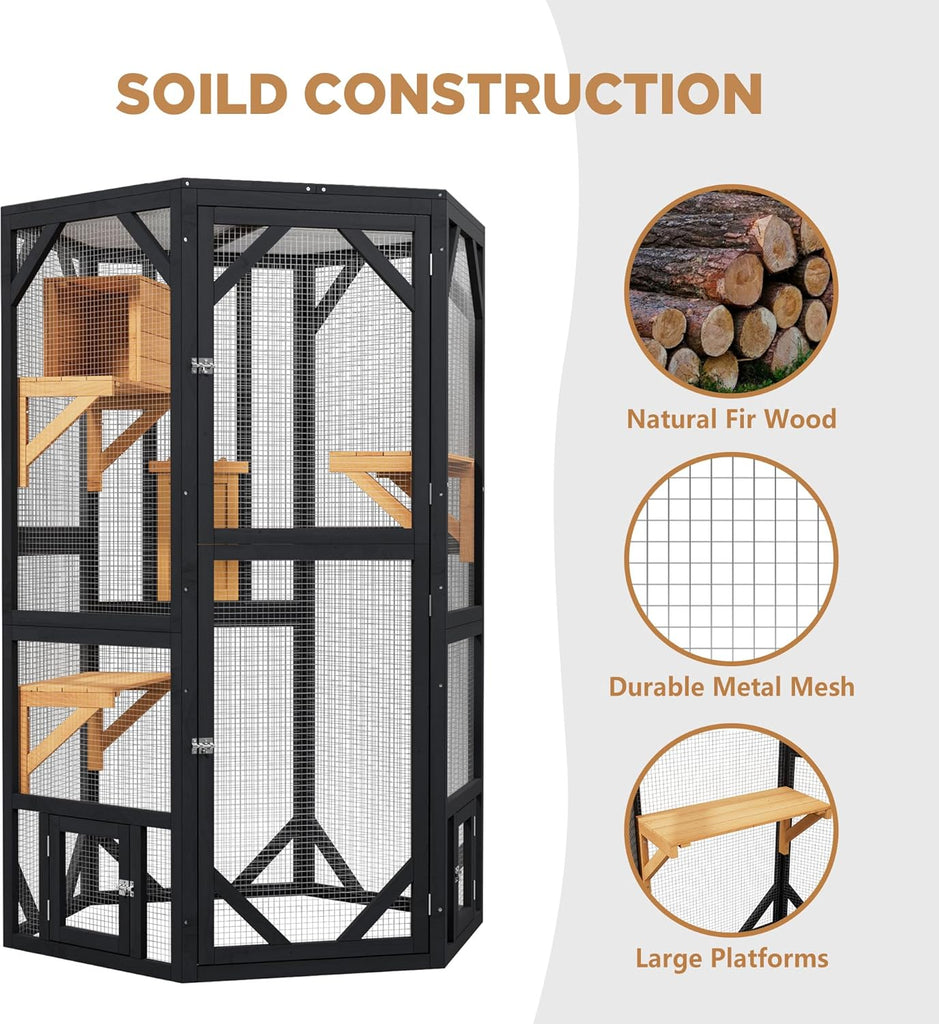 69.3 Inch Catio Outdoor Cat Enclosure, Hexagonal Tall Wooden Cat Catio