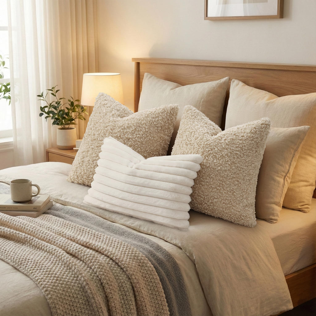 Sherpa Throw Pillow Covers 20x20 Set of 2 Neutral Oatmeal