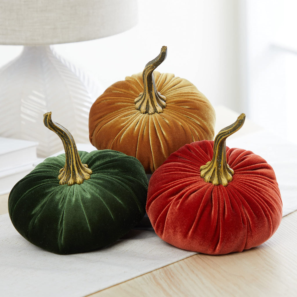 Set of 3 Velvet 6.25 Inch Pumpkins (Rust, Gold, Olive)