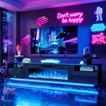 70" with 36" Electric Fireplace Entertainment Center with Charging Station and LED Light Console Table for Television